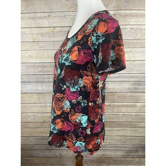 Lularoe XXS NWT Floral Classic Tee Short Sleeve Black Pink Red Boho Stretchy Top - Picture 3 of 10